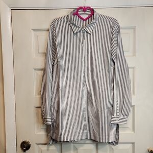 J JILL Womens Classic Vertical Stripe Long Sleeve Button-Up Shirt White & Navy